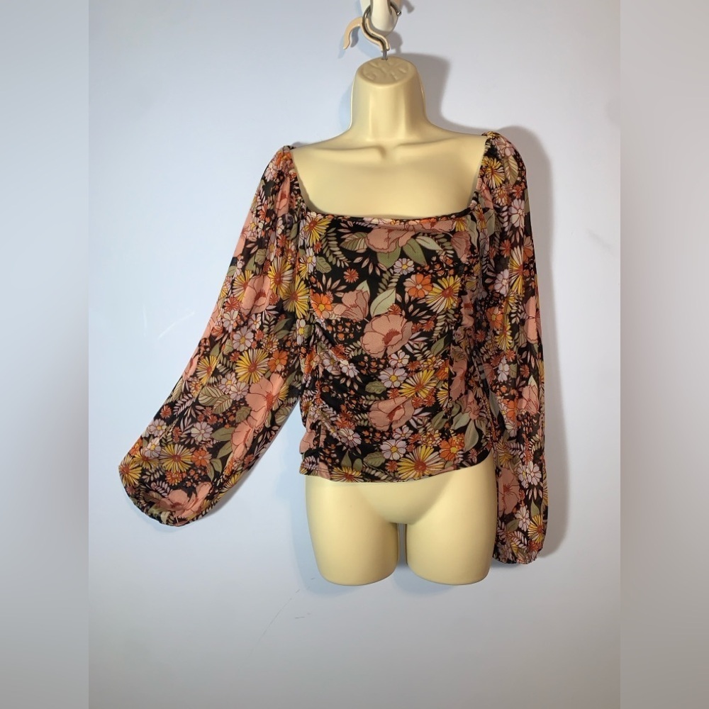 Arula 3x C dark Floral layered mesh ruched ballon sleeve blouse black multicolor